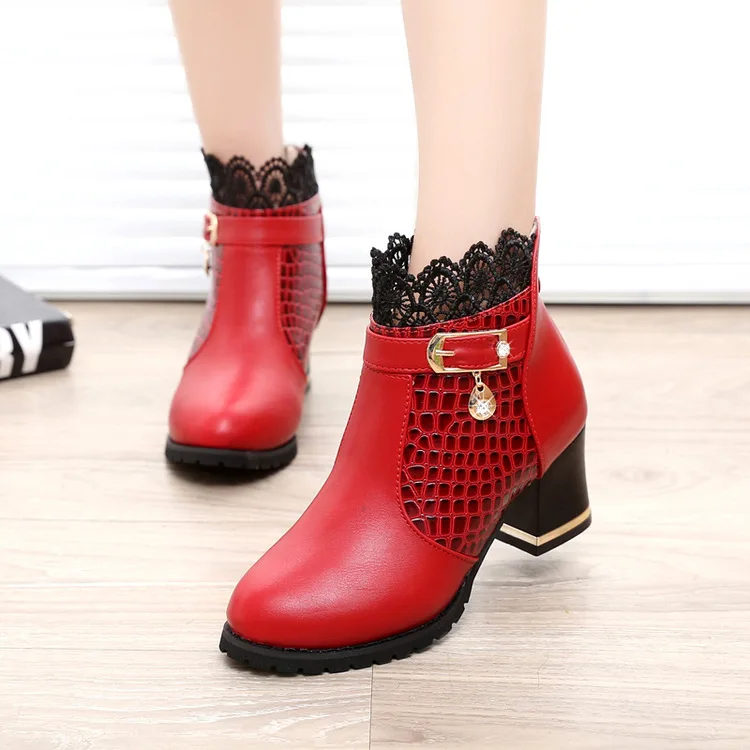 

Round Toe PU Fashion Women Ankle Boots Med Sewing Crystal Leopard Vintage Chelsea Boots Square Heel Zip Casual Big Size Shoes