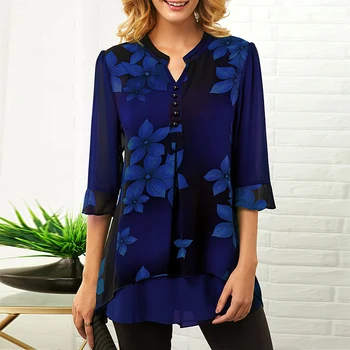 

Flower Print Button Detail Split Neck Blouse 5XL Plus Size Tops 2020 Spring Women Casual Layered Hem Half Sleeve Chiffon Blouse