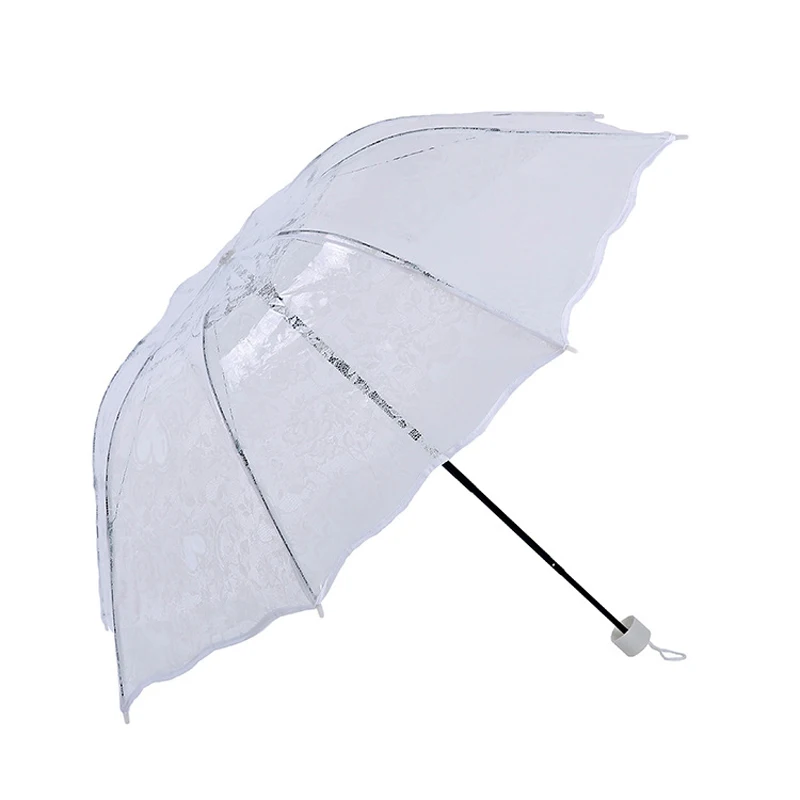 Romantic アンブレラ ホワイト Three Fold Transparent Princess Women Rain Umbrella Romantic