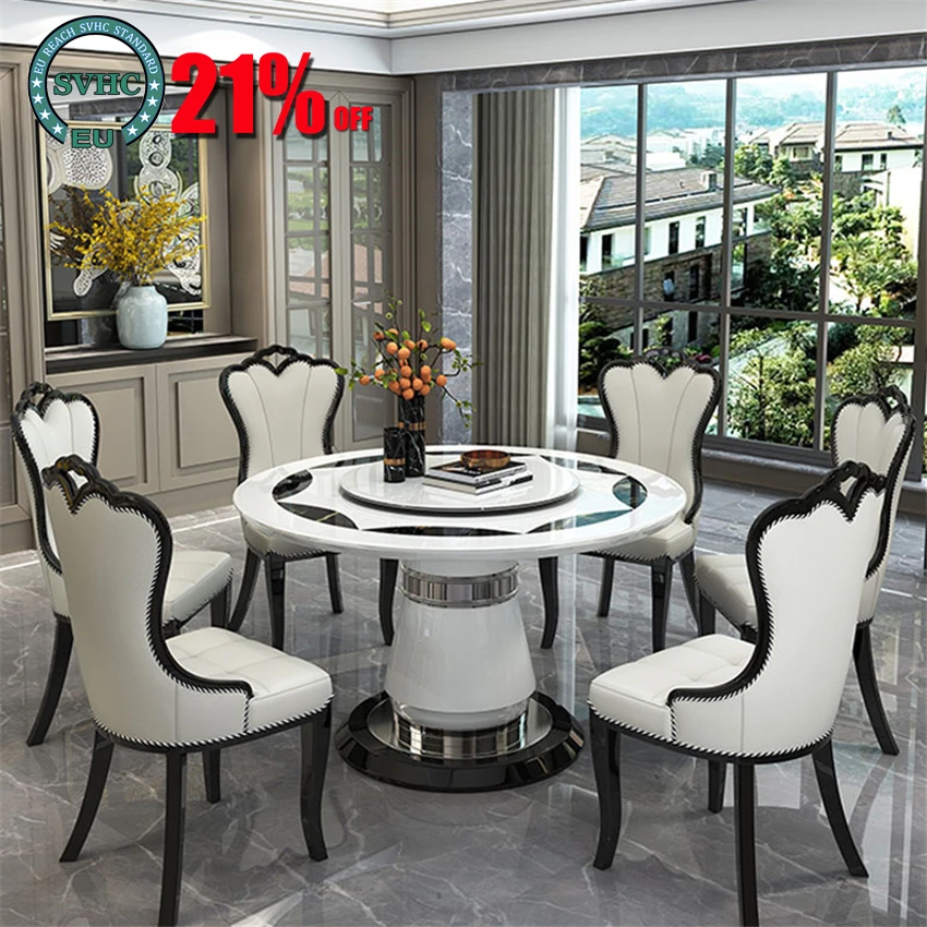 Marble dining table round turntable modern simple household set and chair combination large | Мебель