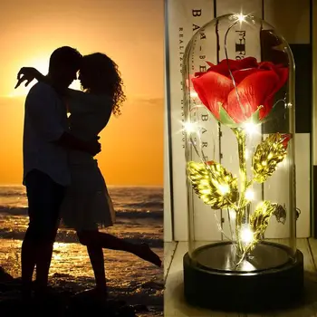 

Glass Cover Soap Rose LED Light Eternal Rose Flower Romantic Imitation Gold Foil Rose Valentine'S Day Beautiful