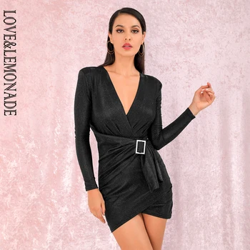 

LOVE&LEMONADE Sexy Black V-Neck Shoulderpad Metal Buckle Bodycon Party Reflective Mini Dress LM81989-1