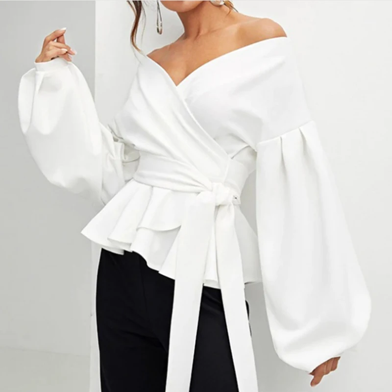 

Women sexy blouse clothes ladies Casual Loose Tops solid color V-Neck Backless Lantern Sleeve Beach Party office work Shirt lady