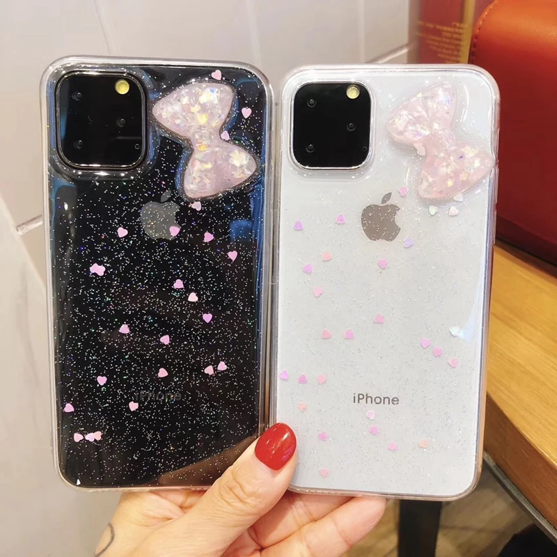 

Cute bow tie 3d phone cases cover for iphone 11 11 Pro Max XR XS Max 6 6S 7 8 Plus X glitter Transparent Soft TPU Back Capa Gift