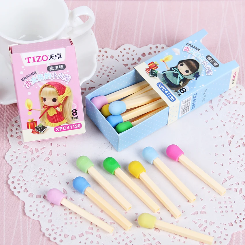 

Cute Kawaii Matches Eraser Lovely Colored Eraser for Kids Students Kids Creative Item Gift 8 PCS/pack