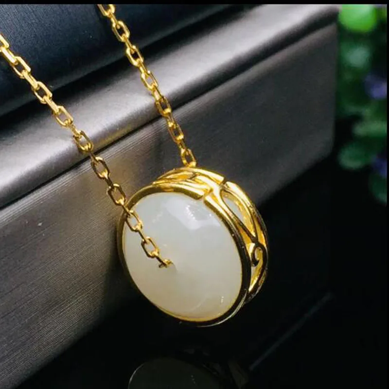 Natural Hetian White Jade Inaly Gold Cylindrical Pendant Jewelry 925 Sterling Silver Necklace Fine | Украшения и аксессуары