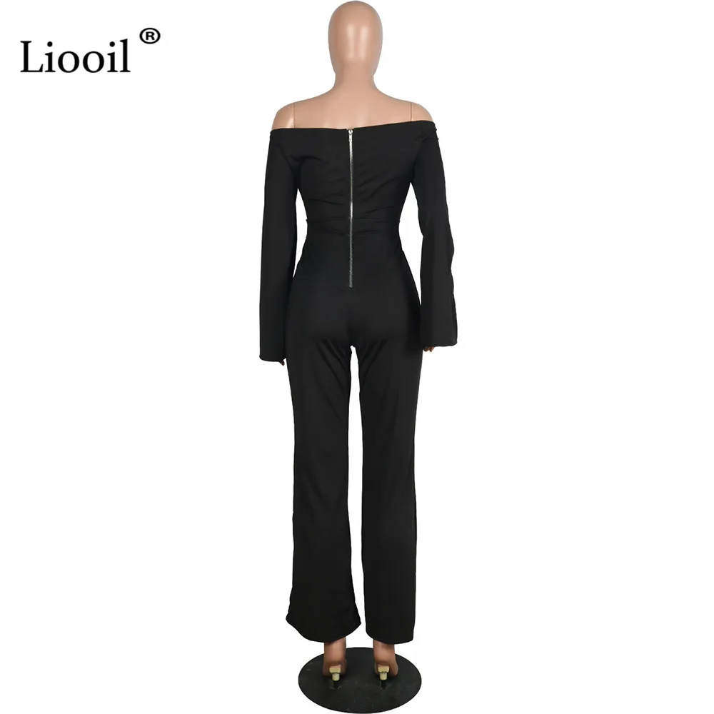 Liooil Off Shoulder Sexy Cut Out Jumpsuits Long Slit Sleeve Back Zipper Party Club Rompers Womens Jumpsuit Black Overalls