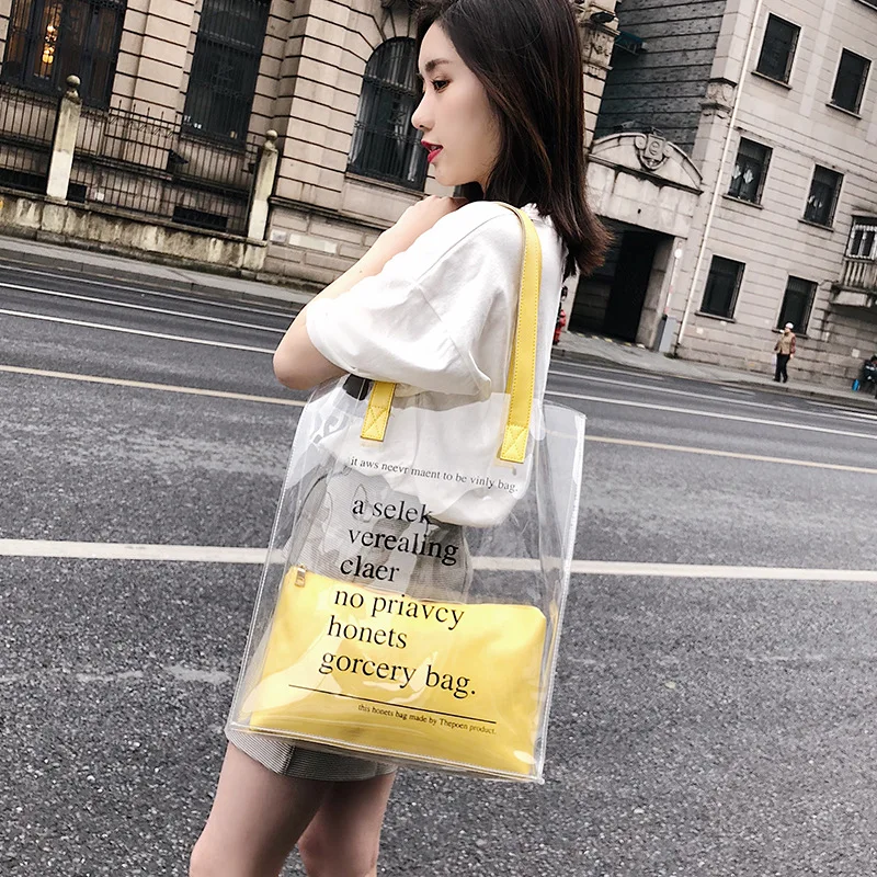 

Transparent Beach Jelly Literature and Art Summer Large Bag Korean Alphabet Printing Simple Baitao Leisure Single Shoulder Bag