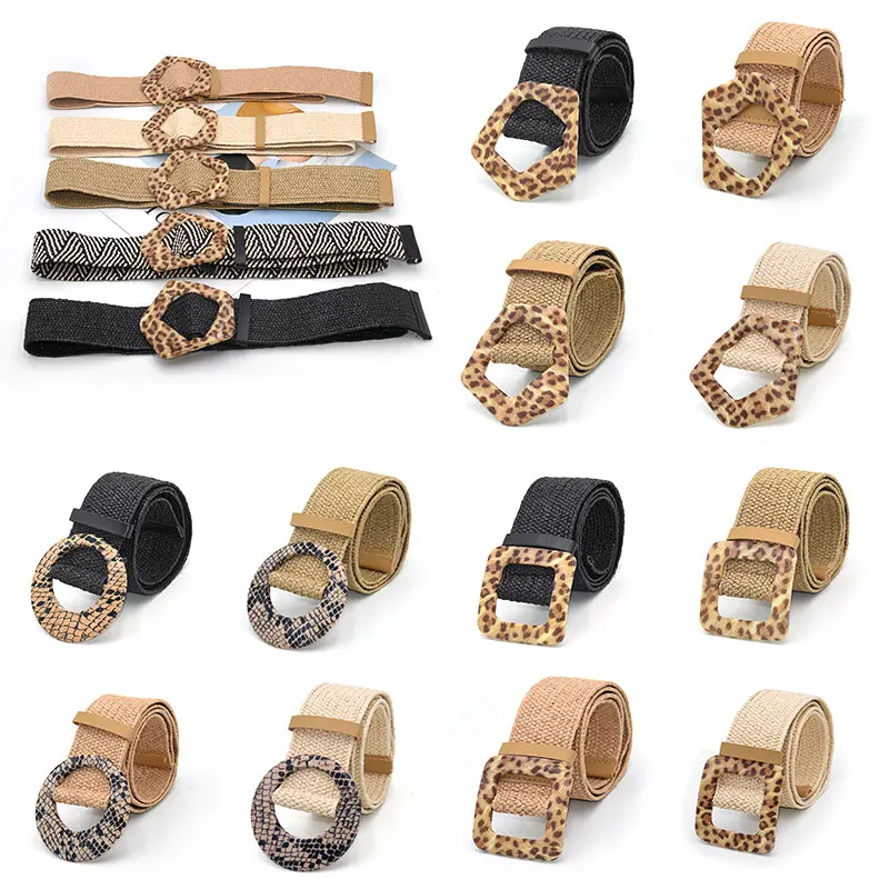 

Leopard Buckle Braided Belt Vintage Bohemian Linen Weave Wooden Knitted Buckle Women Belt Fake Straw Wild Belt Wide Belt Square