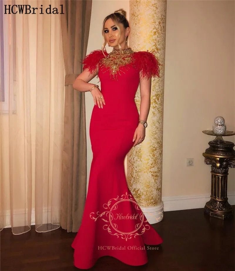 Robe De Soiree Красное длинное вечернее платье русалки с перьями золотыми бусинами, подгонянные вечерние платья в Дубае, Abendkleider