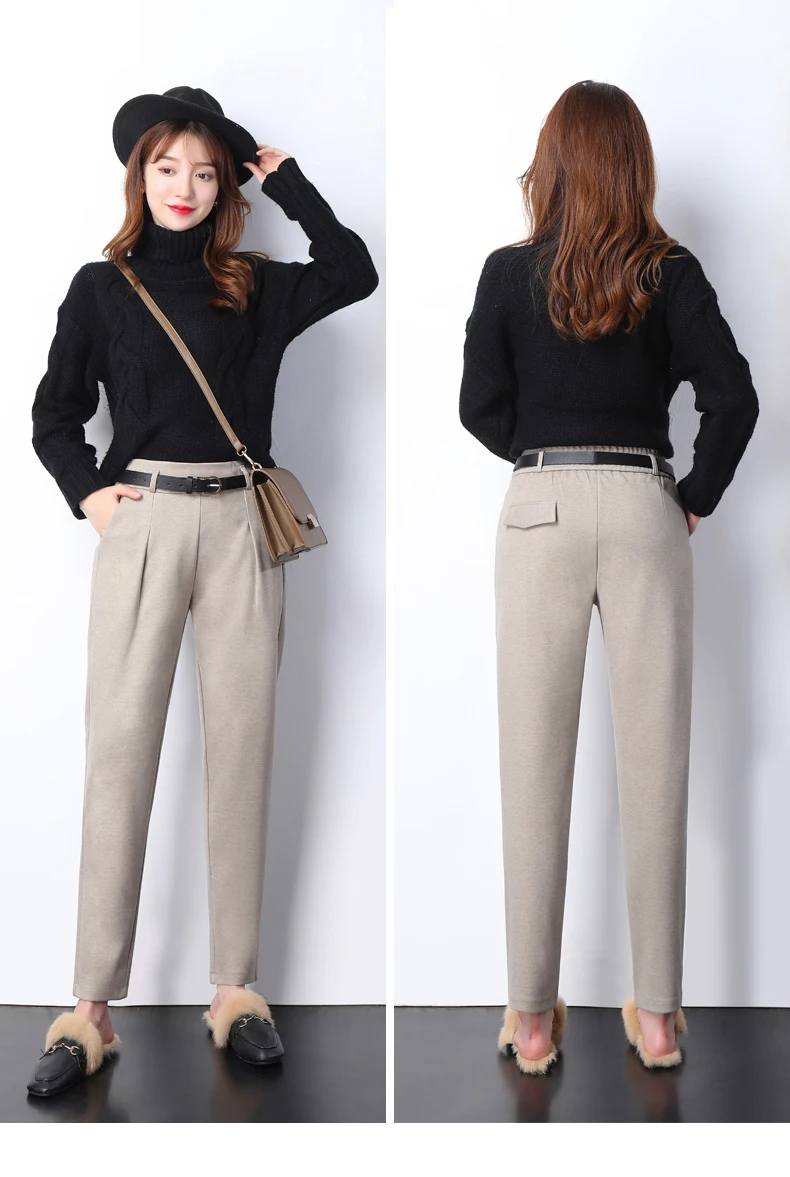 Winter Wool Pants Women Korean High Waist Belted Harem Trousers Female Elegant Autumn Warm Long Work Office Pants Plus Size