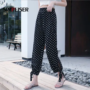 

2020 Summer Chiffon Pants Ankle-length Pants Loose Elastic Waist Wide Leg Pants Dot Thin Cool Trousers Korean Casual Femme Pants
