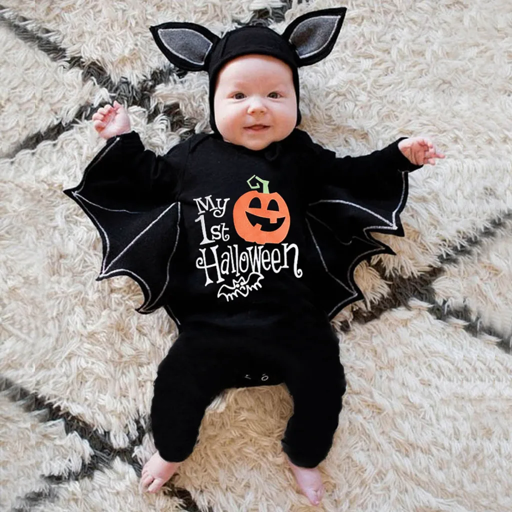 Newborn Baby Boys Girls Clothes Halloween Cosplay Costume Romper+Hat Long Sleeves Black Cartoon Skull Jumpsuit 3-18M