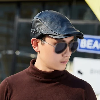 

Autumn Winter PU Leather Golf Beret Cap Adjustable Hats Men Cowboy Hat Driving Summer Flat Cabbie Newsboy Caps Visor