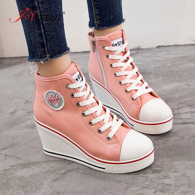 Womens round toe Lace Up Platform hidden Wedge High Heel casual Sneakers Shoes 
