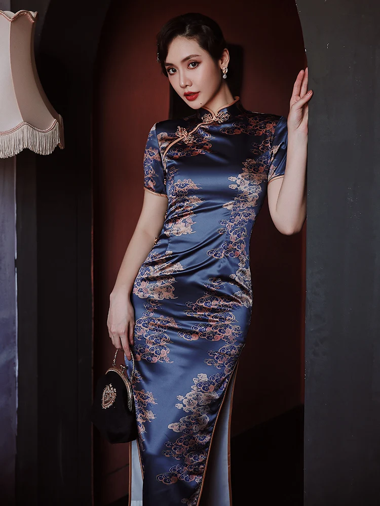 

High-End Blue Women Qipao Oriental Dress Old Shanghai Retro Sexy Cheongsam Chinese Traditional Summer New Slim Banquet Dress