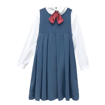 

Women Japanese Preppy Style Sweet Cute Dress White Bow Tie Top Shirt Blouse Solid Color Sleeveless Pleated A-line Tank Dress