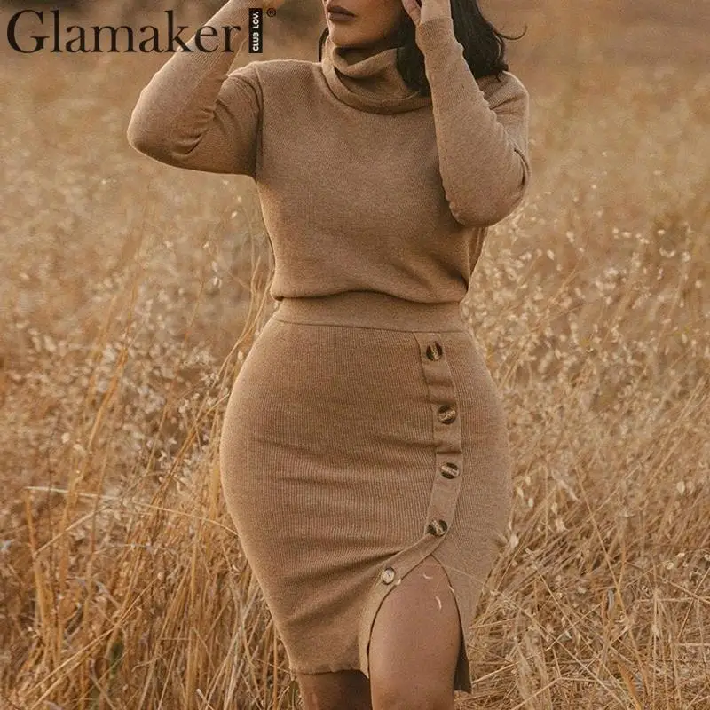 Glamaker трикотажное облегающее платье из 2 частей, женское платье-свитер с высоким воротником и пуговицами, женское осенне-зимнее элегантное сексуальное теплое платье