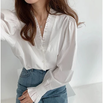 

2020 Women Blouses French Pleated Wooden Designer Vintage Puff Sleeves Single Breasted Deep V-neck Shirt