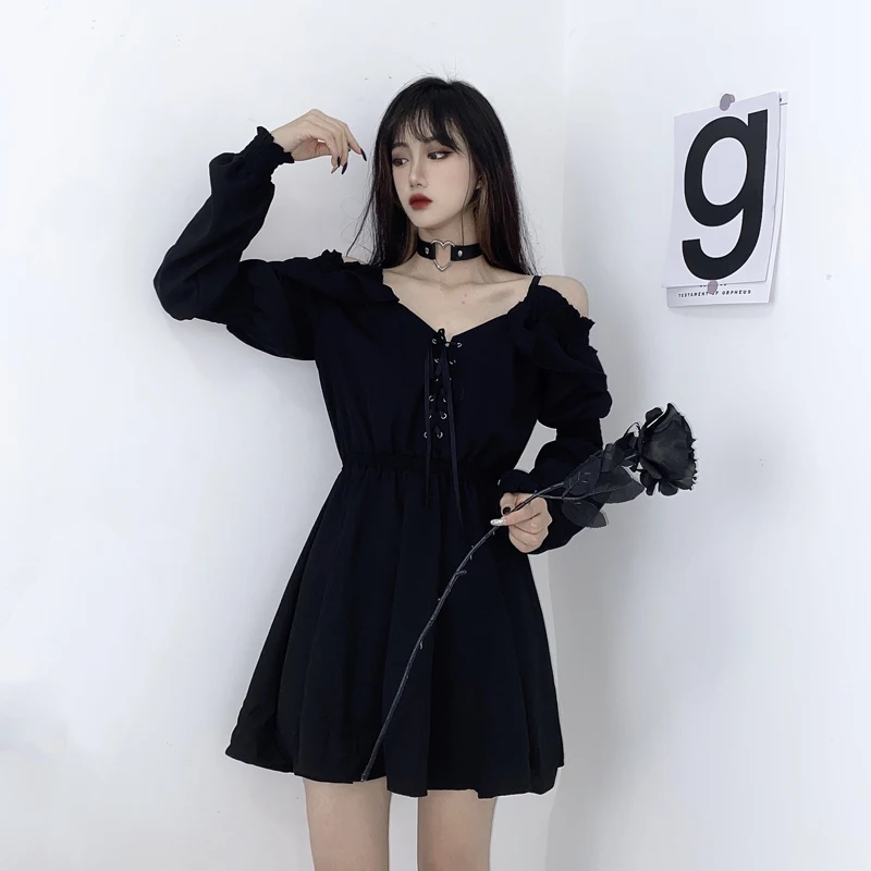 ZOKI Women Black Dress Sexy Bandage Summer Party Mini Dress V Neck Gothic Spaghetti Strap Club Night Female Vestidos 2022 little black dress