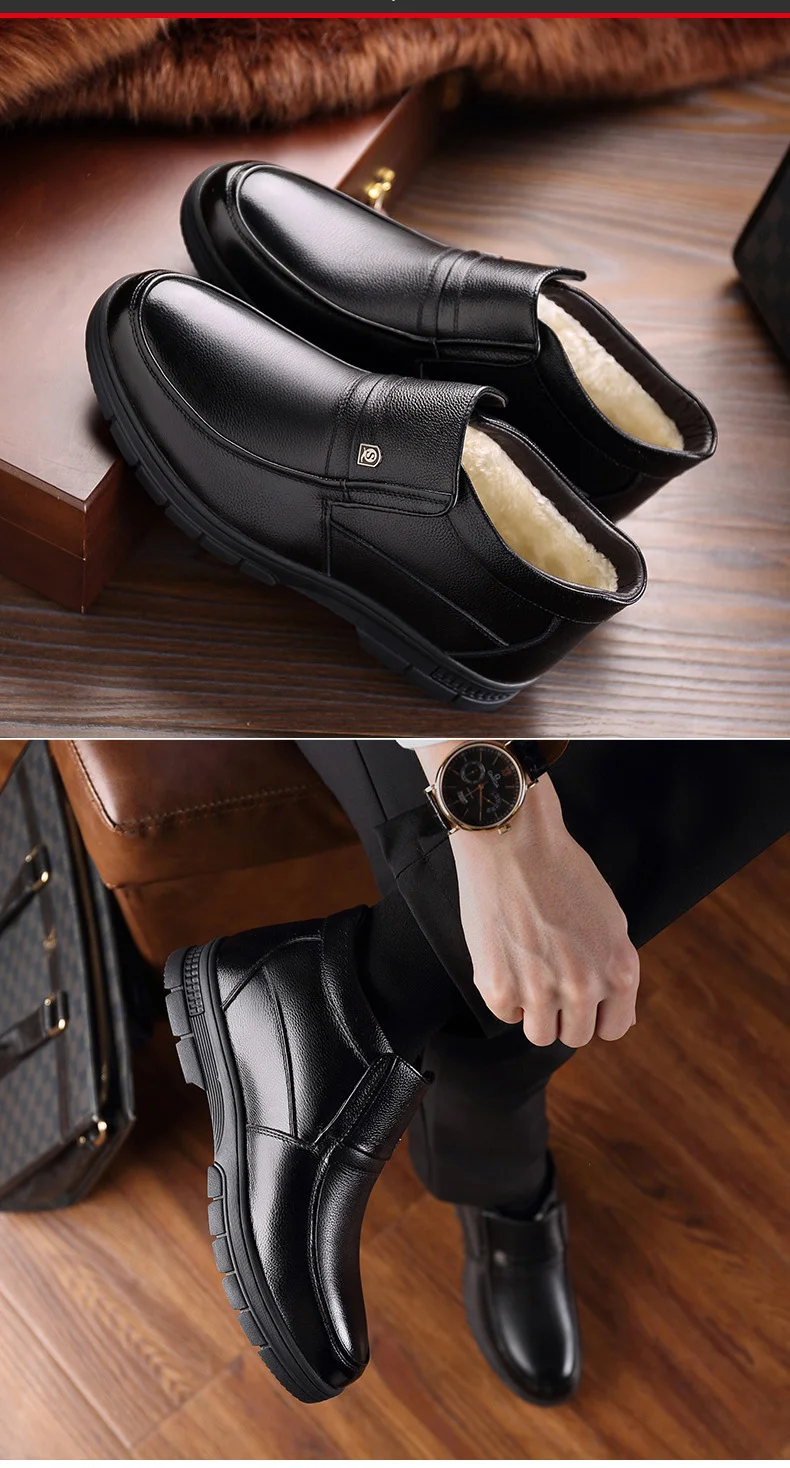 Мужские зимние ботинки; качественная обувь для отца из мягкой кожи; брендовые ботинки с подкладкой из белой шерсти; мужские зимние кожаные ботинки; размеры 38-44