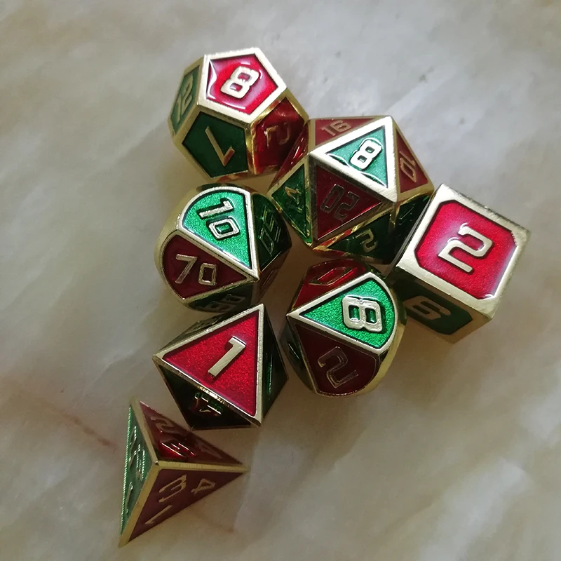 Игральные кости DND металлические РГП набор многогранных подземелий Дракон d20 10 6 8 12 настольные игры цинковый сплав смешивание Красный Зеленый цифровой узор в кости