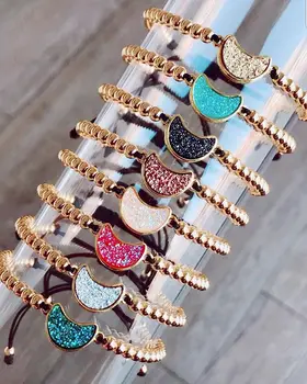 

5Pcs Natural Druzy Geode Agates Round Oval Hamsa Hand Crescent Moon Beads 4mm Gold Copper Beads Cord Knotted Adjustable Bracelet