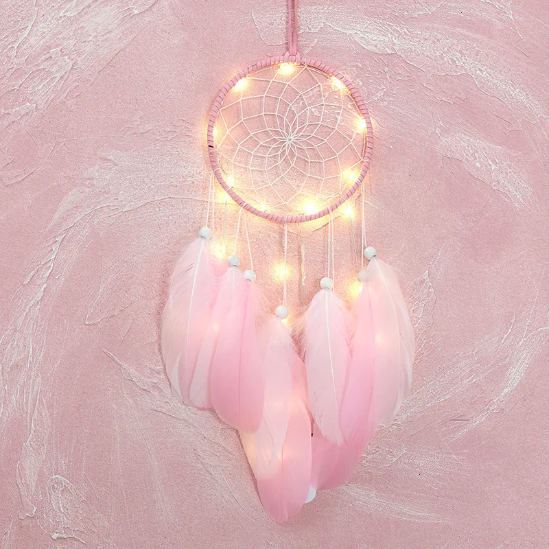 pink with light Индийский Стиль гобелен с изображением Ловца снов ручной работы колокольчиков висит подвеска Ловец снов дом стены искусства декоративные подвески - Цвет: pink with light