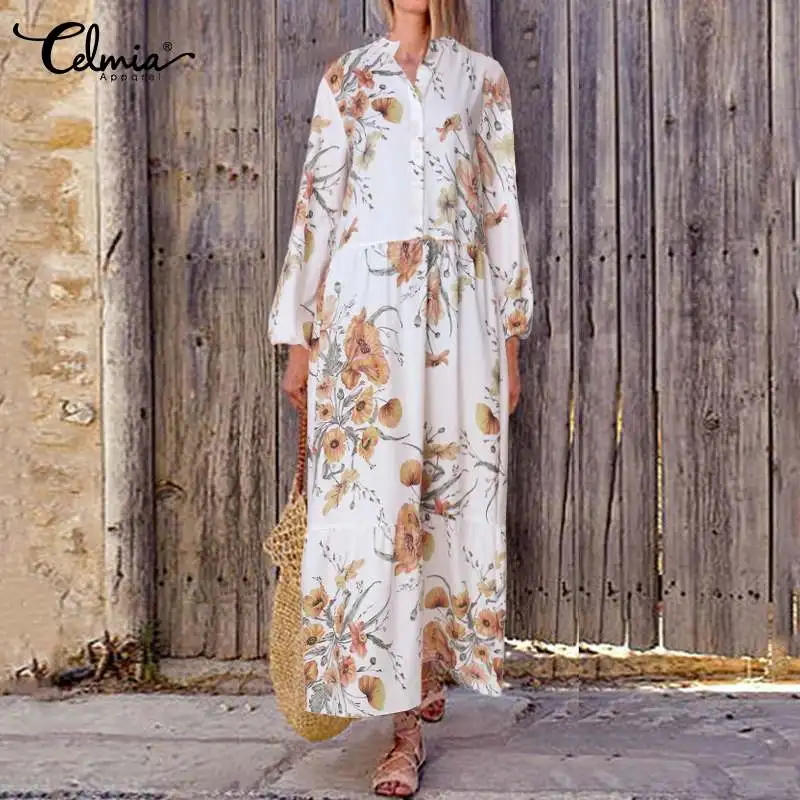 

Women's Ruffled Loose Shirt Dress Celmia 2019 Female Long Sleeve Buttons Casual Vintage Floral Print Long Maxi Dresses Plus Size