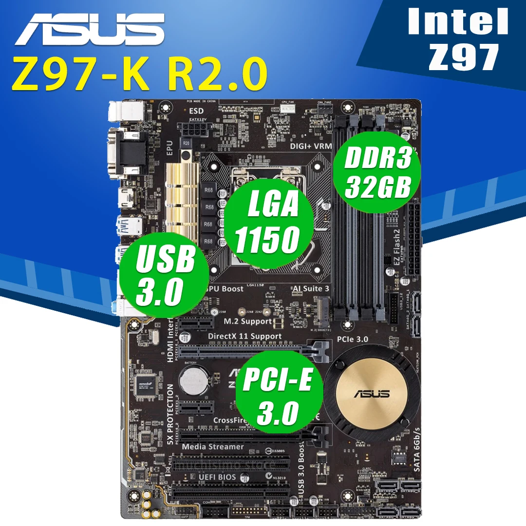 LGA 1150 Asus Z97-K R2.0 Motehrboard DDDR3 PCI-E 3 0 M.2 i7 i5 i3 SATA3 настольный компьютер Intel Z97 плаша-мама