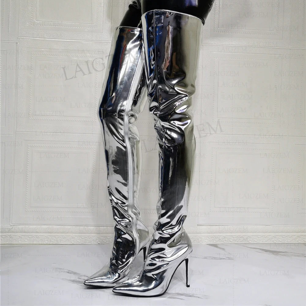 SEIIHEM Frauen Oberschenkel Hohe Hohe Stiefel Side Zip Up Shiny High Heels Stiefel Über Knie Party Cosplay Schuhe Frau Große größe 39 43 45 47