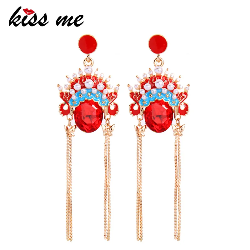 kissme Earrings for Women Chinese Style Red Enamel Crystal Acrylic Pearl Peking Opera Tassel