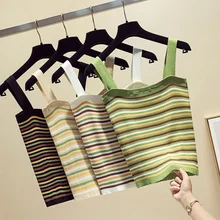 Вязанные танки с ремешками жилет короткий топ сексуальный женский без рукавов Slash шеи радужные полосатые танки женские спортивные майки топы