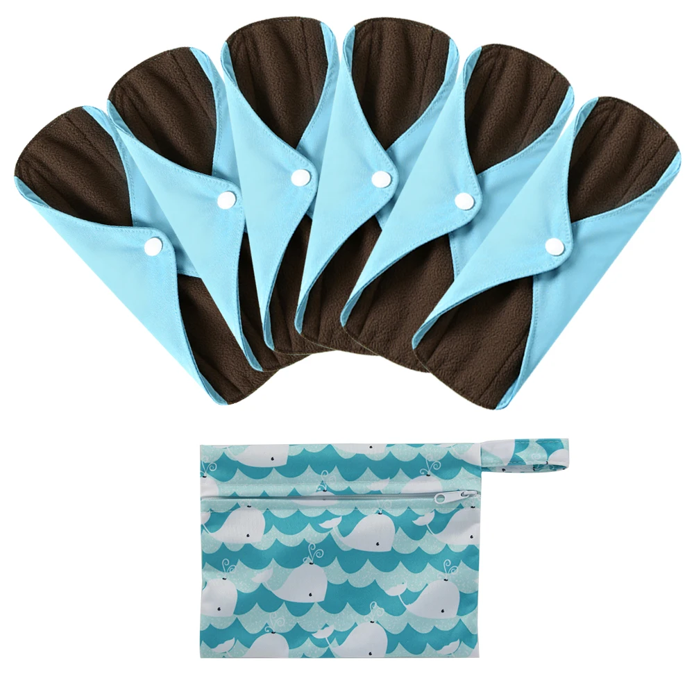 Soft Washable Charcoal Bamboo Menstrual Pad Incontinence Pads Reusable Sanitary Napkins 6Pcs Pads & 1 FREE Waterproof Wetbag