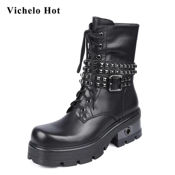 

Vichelo Hot large size motorcycle boots natural leather rivet decorations punk round toe thick med heel zipper ankle boots L08