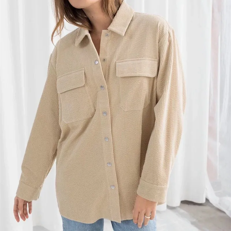 

Women Shirt Corduroy Double Pocket Classic Design Long Sleeve Single Breast Autumn Cotton Tops Blouse