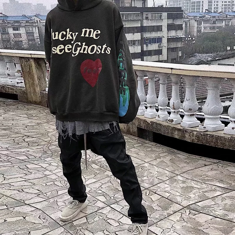 Kanye West с красными сердечками надписью граффити узор серого цвета Для мужчин Толстовки покемон с капюшоном подстежка на искусственном меху Толстовка Для мужчин очень странные дела с капюшоном