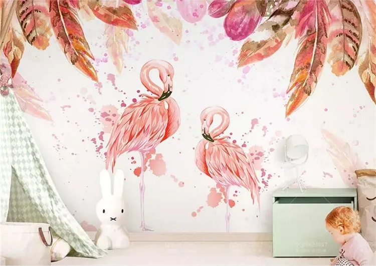 

Medieval Hand Drawn Flamingo Pink Watercolor Feather TV Background Wall Manufacturer Wholesale Wallpaper Mural Custom Photo Wall