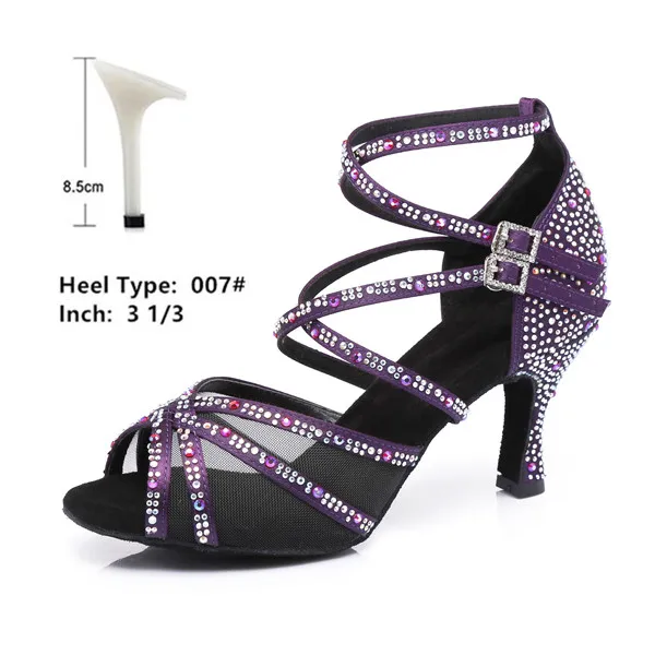 purple 8.5cm Модные туфли для латинских танцев со стразами; женские туфли для бальных танцев; цвет розовый; цвета белого жемчуга; обувь для вальса на высоком каблуке; Лидер продаж туфли для танцев танцевальные туфли - Цвет: purple 8.5cm