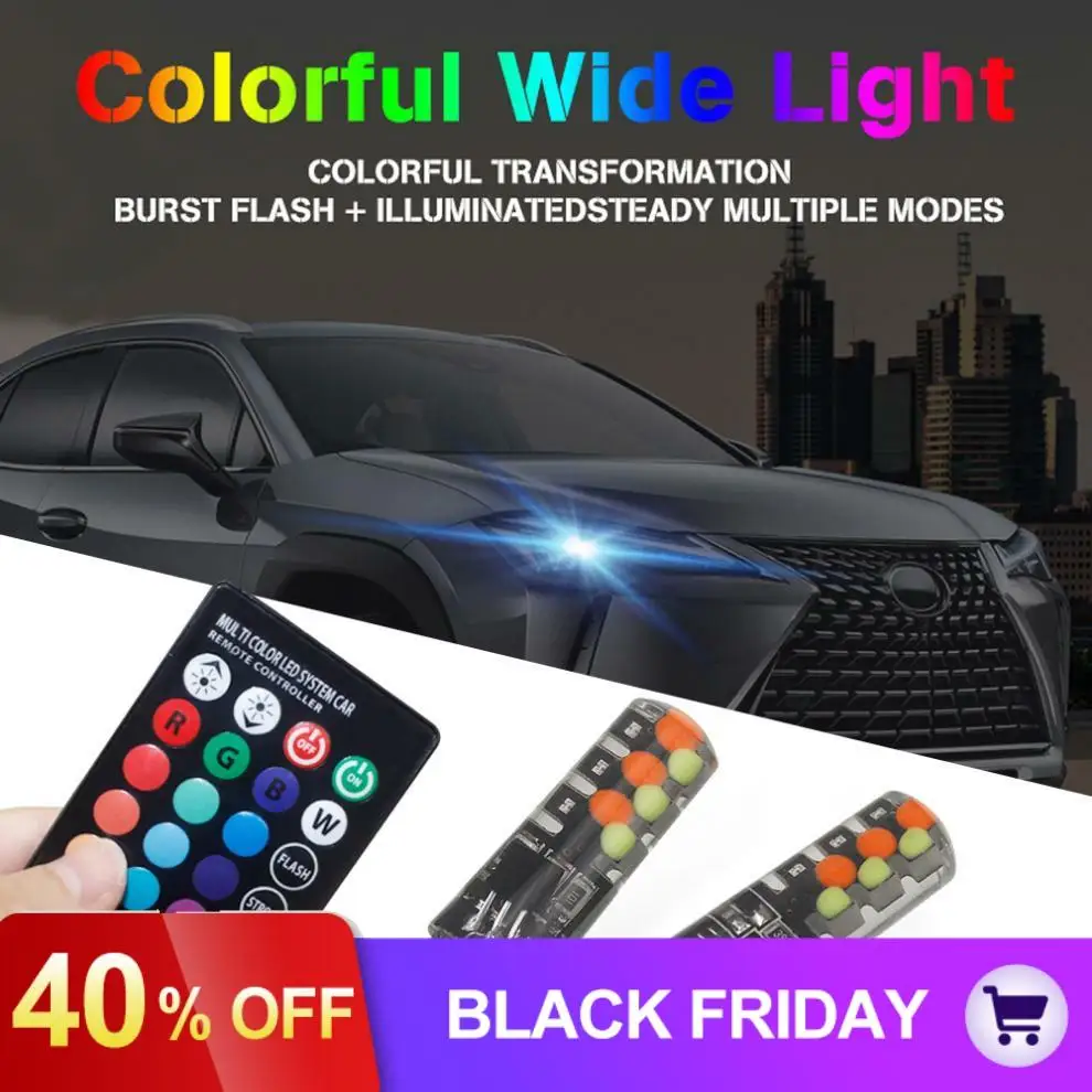 2 шт., T10 COB силиконовый Автомобильный светодиодный светильник, лампа RGB цвета, разноцветный интерьерный клиновидный боковой стробоскоп, светильник с пультом дистанционного управления