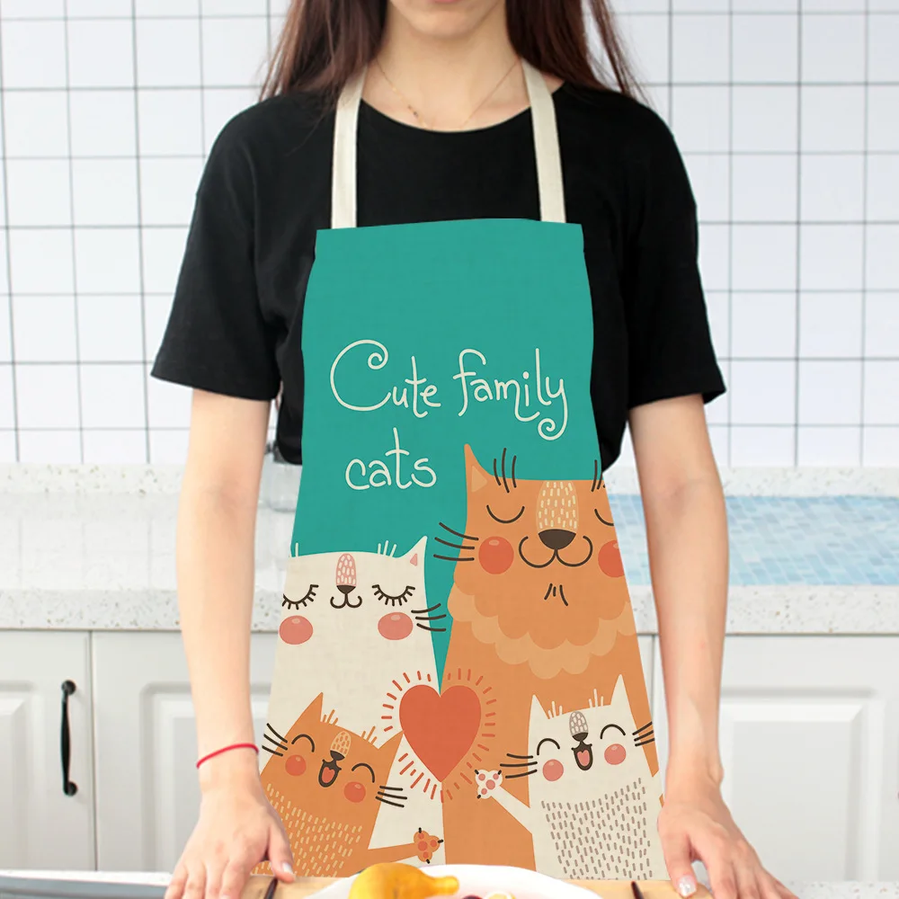 Cartoon Cute Cat Printed Kitchen Apron Cotton Linen Sleeveless man women Chef Cooking Aprons Kitchen Accessories 68*55cm 0006