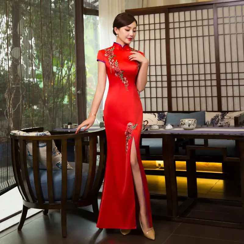 Красные вечерние платья, восточные женские элегантные тонкие Cheongsam модные китайские стильные свадебные длинные Qipao Роскошные платья Vestido S-XXXL - Цвет: Красный