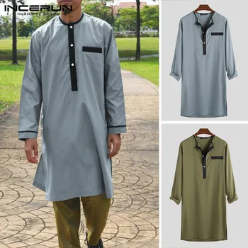 

INCERUN Men Muslim Kaftan Jubba Thobe Long Sleeve Button Patchwork Robes Dubai Saudi Arabia Islamic Caftan Thobe Men 2020 S-5XL