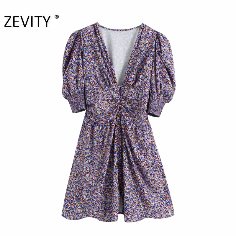ZEVIT New Women Vintage Pleats Puff Sleeve Floral Print elastic waist mini dress Ladies Deep V Neck padded casual Dresses DS4249 ZEVIT New Women Vintage Pleats Puff Sleeve Floral Print elastic waist mini dress Ladies Deep V Neck padded casual Dresses DS4249