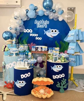 

Round circle background kids birthday table party decor blue sea shark backdrop baby shower candy banner cylinder plinth YY-229