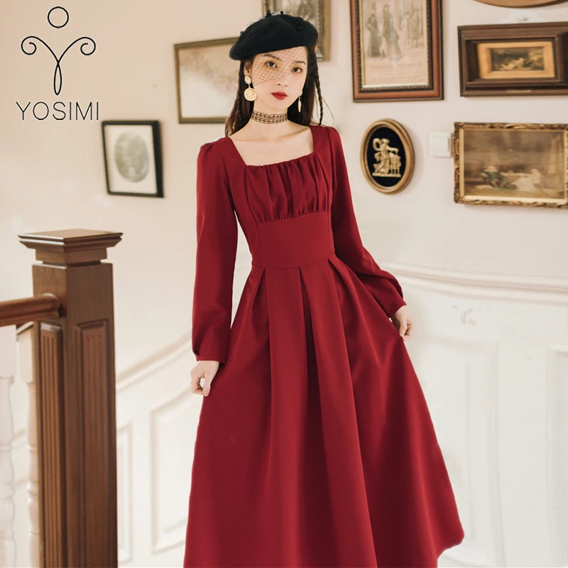 

Long Women Dress Vintage 2020 Spring Red Wine Full Sleeve Mid-calf Female Dress Square Collar Empire Party Nigth Dress Elegant