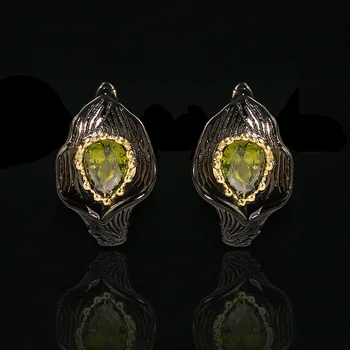 

2020 Original Design Ancient Natural Peridot 925 Silver Earrings for Women Retro Black Gold Leaf Stud Earrings Italian Jewelry