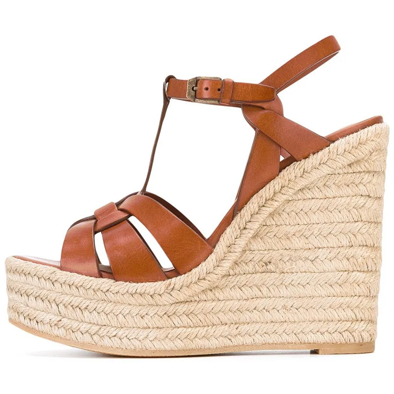 2022 New Women Woven Vegan Leather Espadrille Wedge Sandals Platform