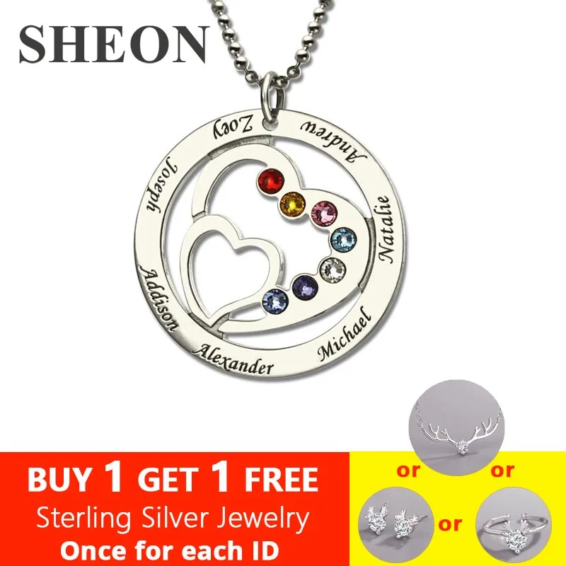 

SHEON Heart in Heart Birthstone Family Necklace Names Engraved Personalized 925 Sterling Silver Mother Necklaces Women Jewelry