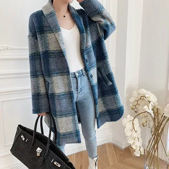 

Women Notched Woolen Coat Long Sleeve Loose Plaid Mid-Length Jacket Autumn and Winter Female Casual Outwear Top with Pockets